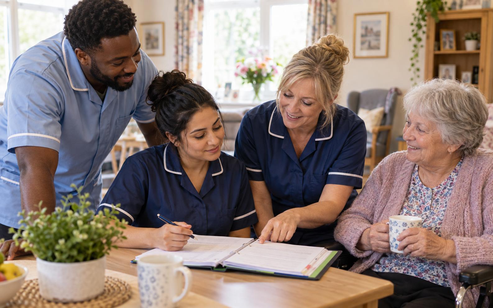 Care colleagues reviewing a person-centred support plan with an older resident