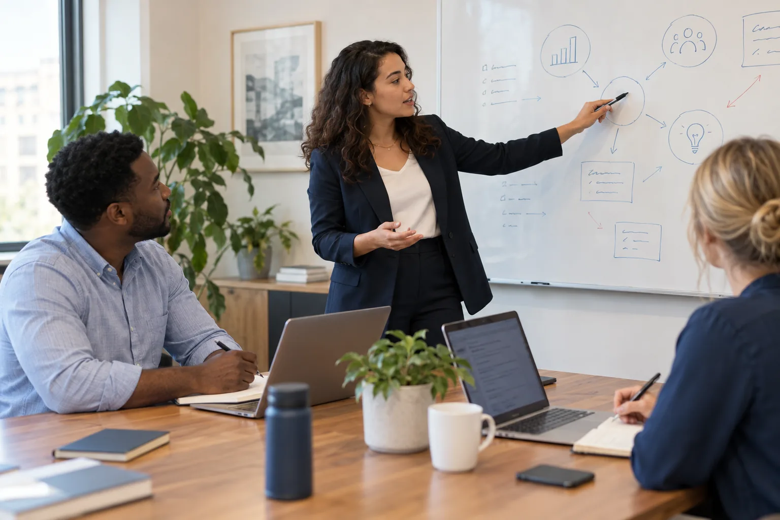 Business professional studying management online