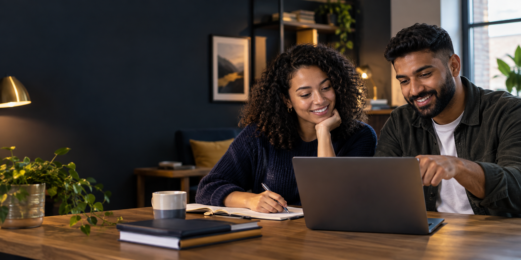 Two adult learners studying together at a laptop